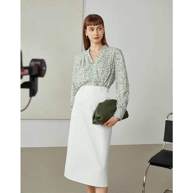 FANSILANEN-Camisa de algodón puro con cuello en V para mujer, blusa informal de manga larga con estampado Floral y diseño plegable, 2021