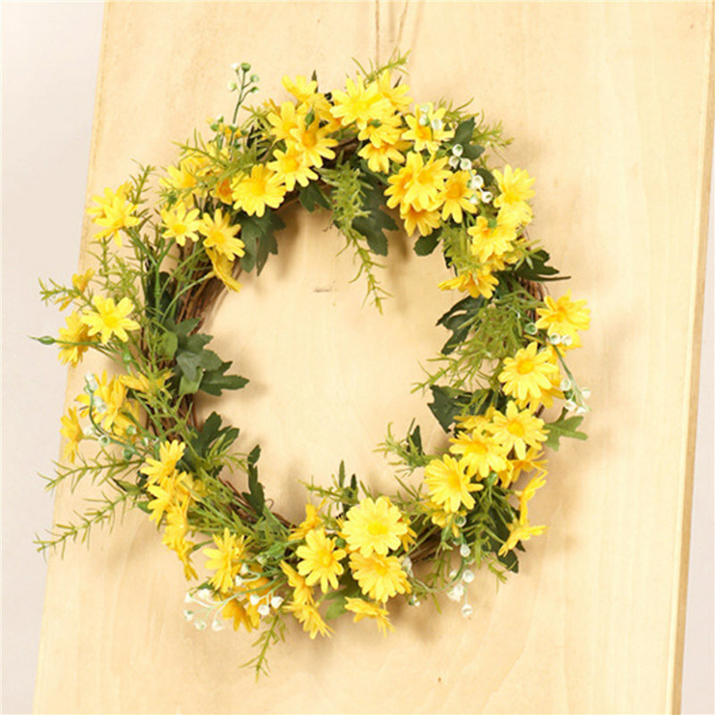 Round Daisy Wreath Artificial Flower with Leaves Welcome Front Door Hanging Decoration Festive Wreaths Home Party Decor 2021