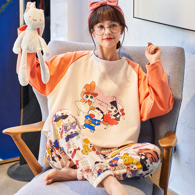 Pijamas de algodón de manga larga para mujer, ropa de dormir holgada de estilo coreano familiar con dibujos animados, para primavera y otoño