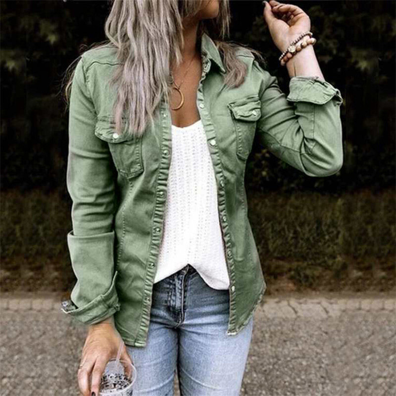Single Breasted Denim Women Shirt Top Turn Down Collar Solid Slim Female Shirts Autumn 2021 Fashion New Ladies Casual Jeans Coat