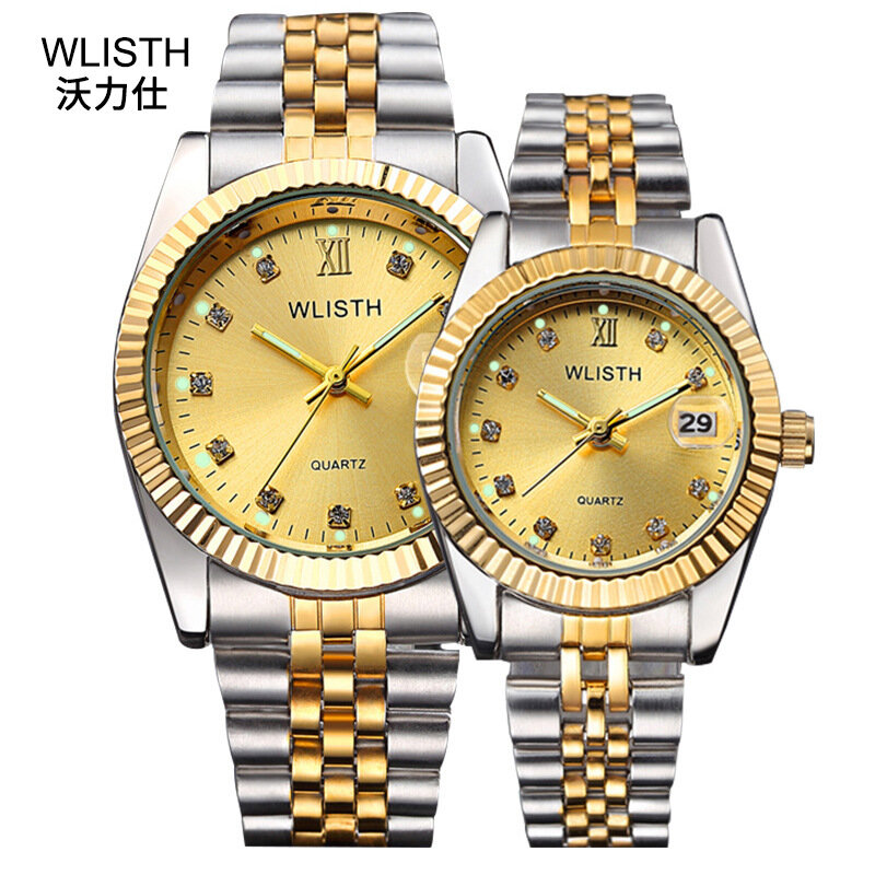 Relógio wlisth para casal com fecho dobrável, relógio esportivo unissex de quartzo em aço inoxidável com data e segurança