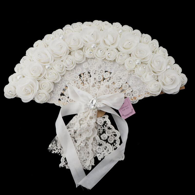 Abanico de mano plegable de plástico con diseño de flores rosas, de encaje, blanco