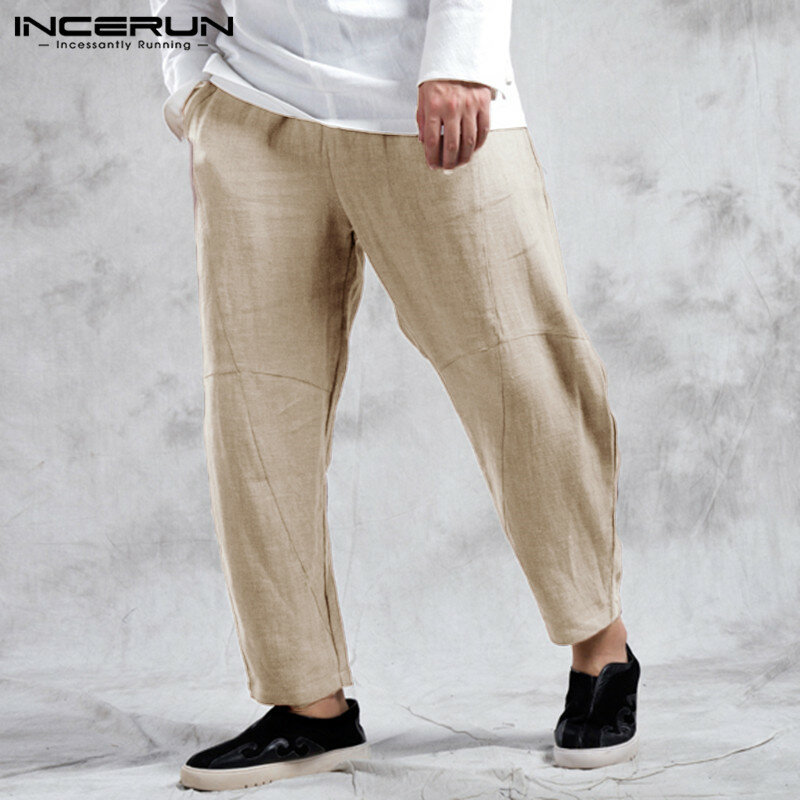 INCERUN Vintage Elasticเอวกางเกงบุรุษกางเกงสีทึบกางเกงหลวมผ้าฝ้ายPantalonges