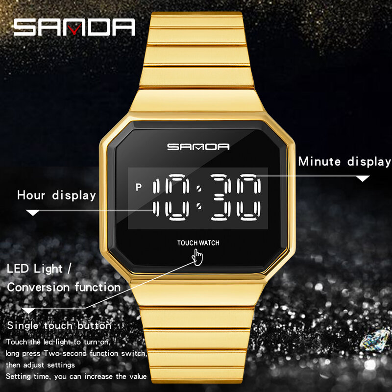 SANDA Jam Tangan Mewah Pria Jam Tangan Digital LED Layar Sentuh Tahan Air Jam Tangan Elektronik Jam Tangan Olahraga untuk Pria Jam Tangan Pria