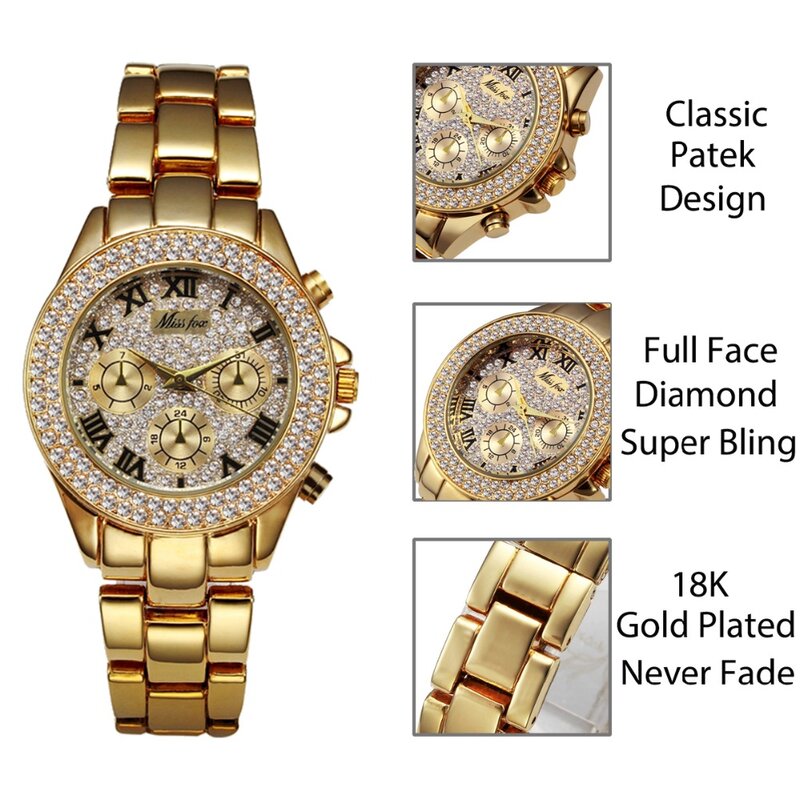 MISSFOX-relojes de lujo para mujer, reloj de pulsera de cuarzo con cronógrafo falso y números romanos, de oro de 18K, a la moda, 2020