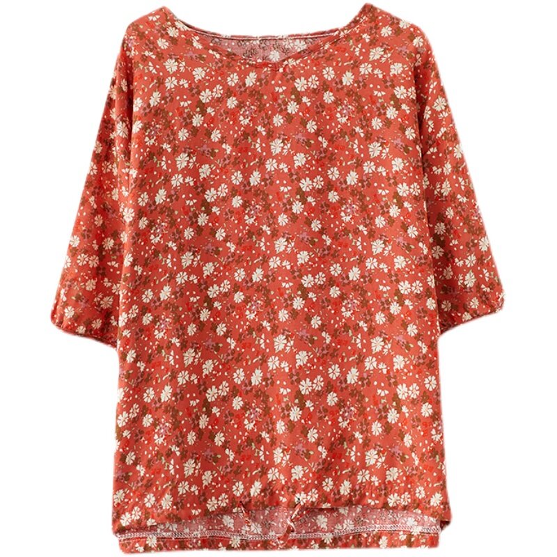 2021 New Arrival luźne letnie koszulki z krótkim rękawem bawełniany nadruk na tkaninie lnianej kwiatowy wzór w stylu Vintage fantazyjna łąka T Shirt kobiety Casual topy Tshirt Tee Shirt