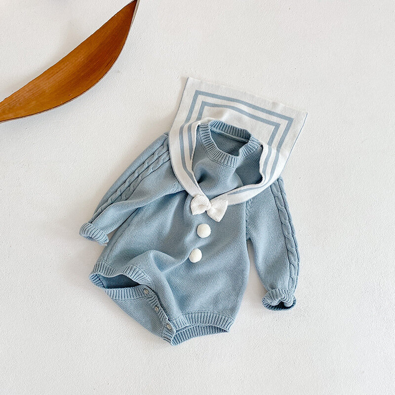 Yg 소녀 0-2 년 된 아기 해군 칼라 활 양모 한 조각 옷 아기 가방 방귀 하 옷 삼각형 등반 의류
