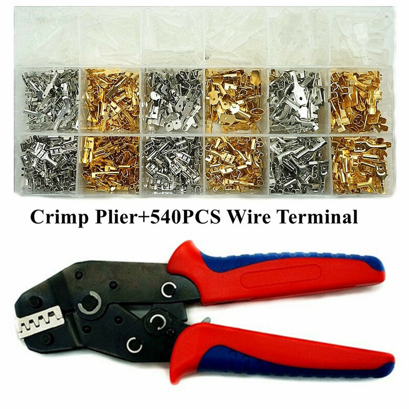 Crimping Tool 0.5-2.5mm2 AWG20-13 SN58B 2.8 4.8 6.3MM 540Pcs/Box Male and Female Spade Crimp Terminals Kit Crimping Pliers Set