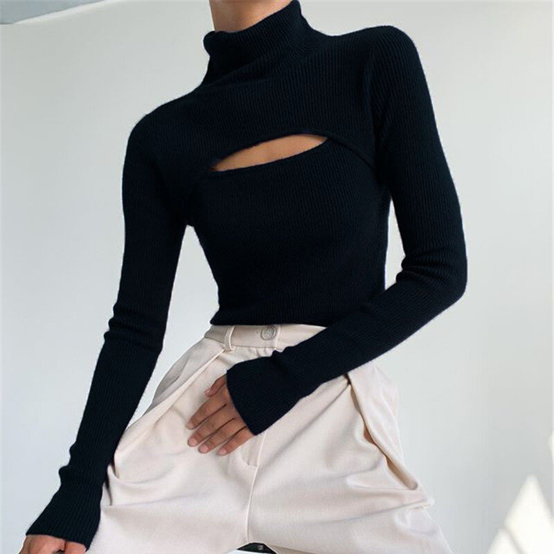 2021 여자의 터틀넥 긴 소매 슬림 Pullovers 가을 새로운 고체 속이 빈 패션 스웨터 레이디 옷