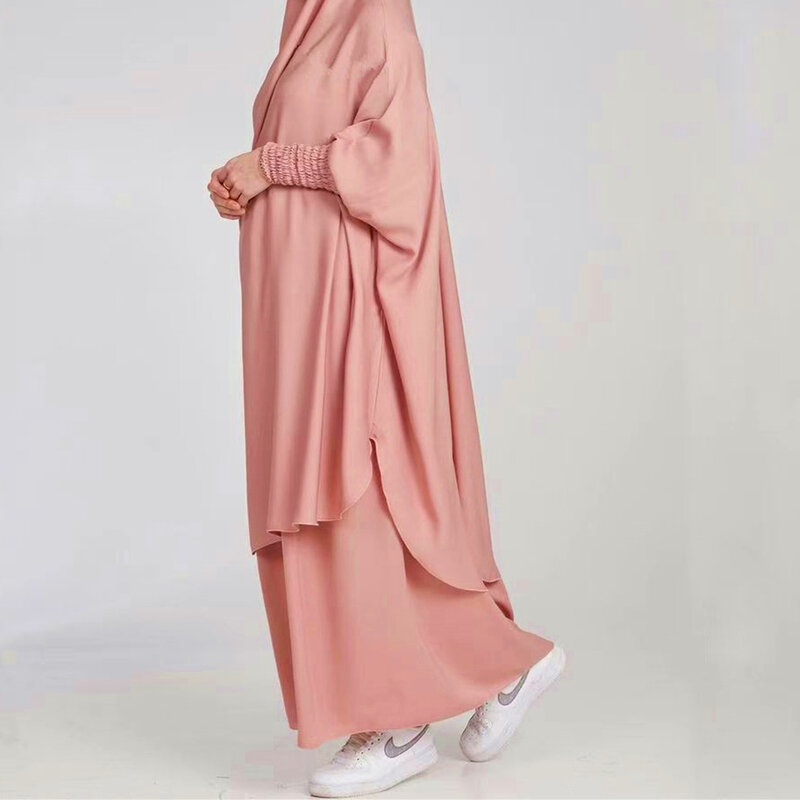 Islamico musulmano Jilbab donna preghiera abito di colore puro Set Abaya Jilbab abbigliamento abito di culto in due pezzi gonna Abaya