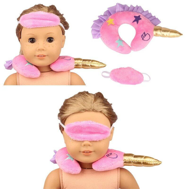 Ensemble oreiller licorne coeur + masque oculaire pour poupée américaine 18 pouces, oreiller Style broderie électrique, 43cm, nouveau jouet de poupée renaissance