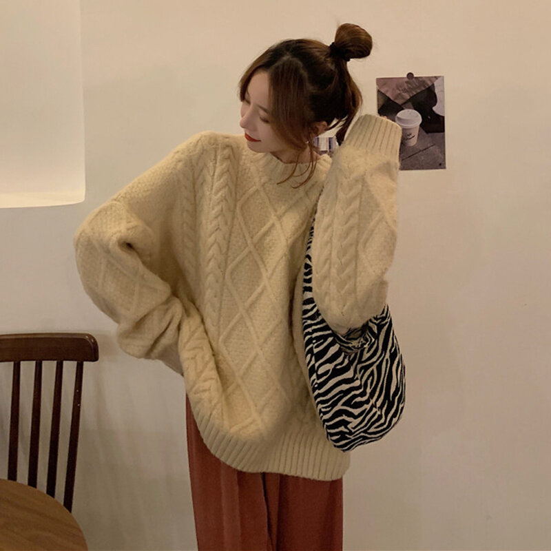 Sweter Rajutan 2021 Baru Longgar Lengan Panjang Pullover Warna Solid Serbaguna Leher Bulat Memutar Sweter Rajutan Atasan Pakaian Wanita