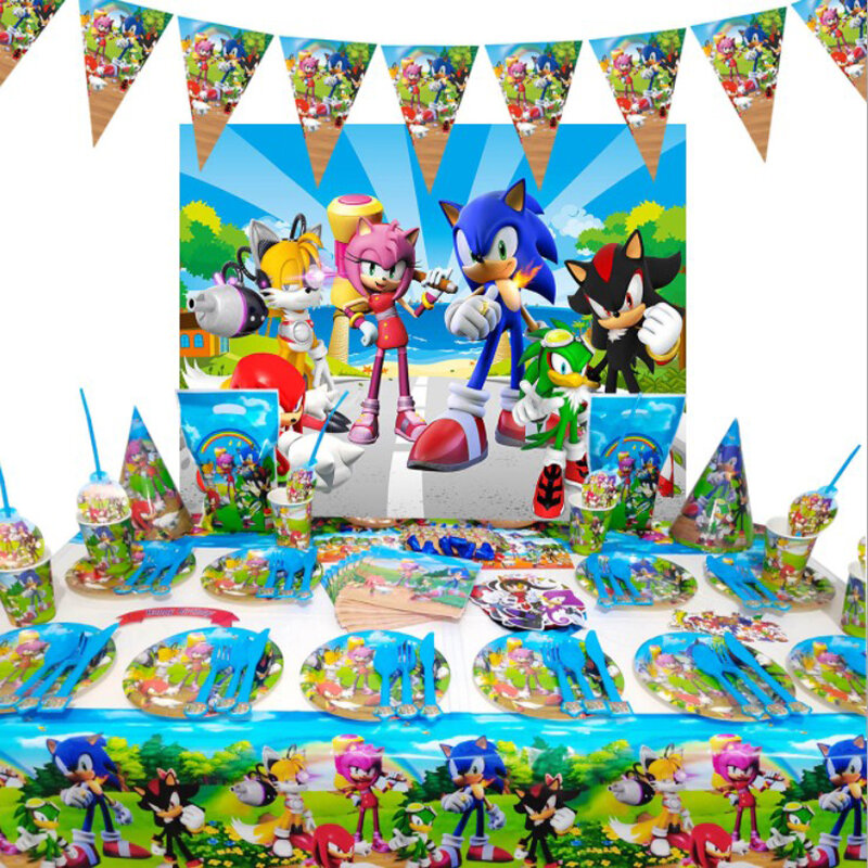 Magrise-vajilla desechable Sonic para fiesta de cumpleaños, suministros de decoración de juguetes para niños, 1 año