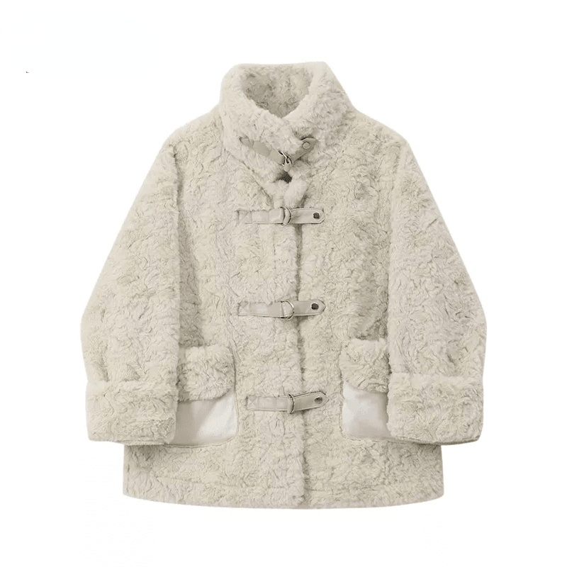 Fashion Cashmere Autumn Winter Coat Women's Wool Fluffy Warm Short Jacket Single Breasted Large Pocket Stand Collar Solid Coat