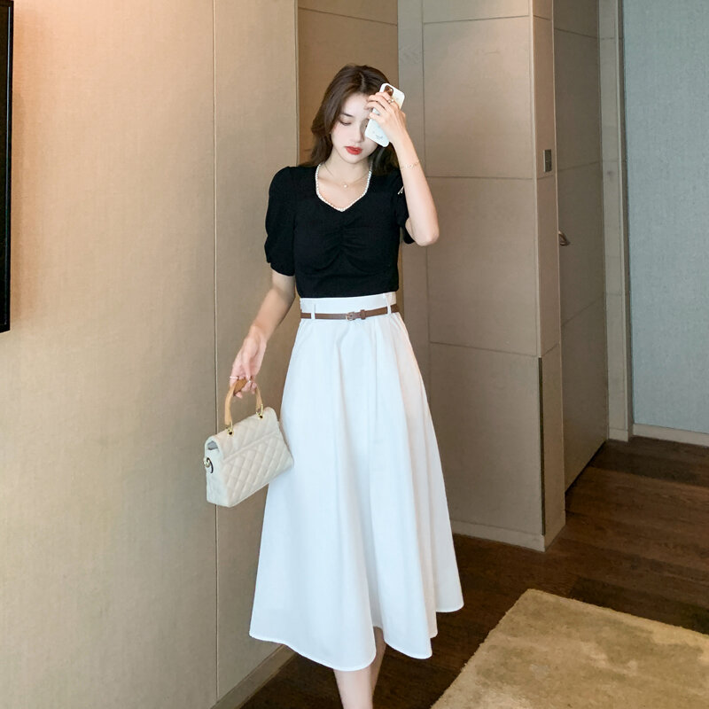 Hebe & eos saia branca do vintage altura cintura chiffon elegante coreano moda feminina saias festa y2k sólido midi saia 2021 verão