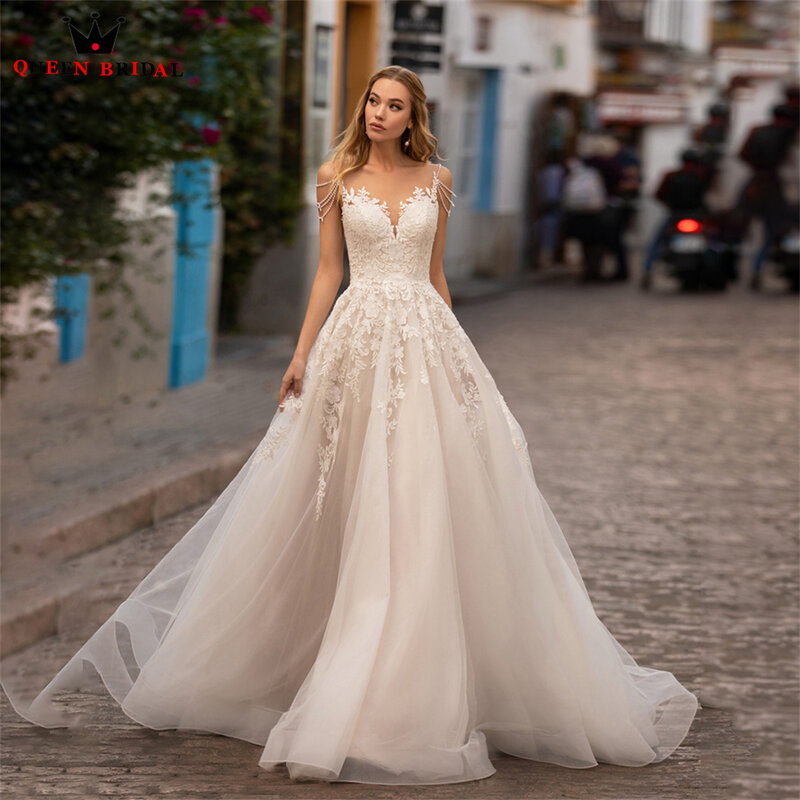 Linha a vestidos de casamento até o chão tule rendas apliques longo formal elegante vestido de noiva 2022 novo design feito sob encomenda ds62