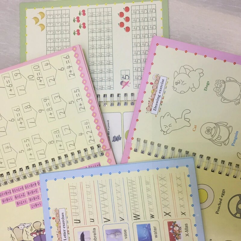 Cahier de pratique de la calligraphie pour enfants, 4 cahiers de nettoyage réutilisables, rainure 3D, calligraphie magique, apprentissage de l'anglais, peinture, écriture