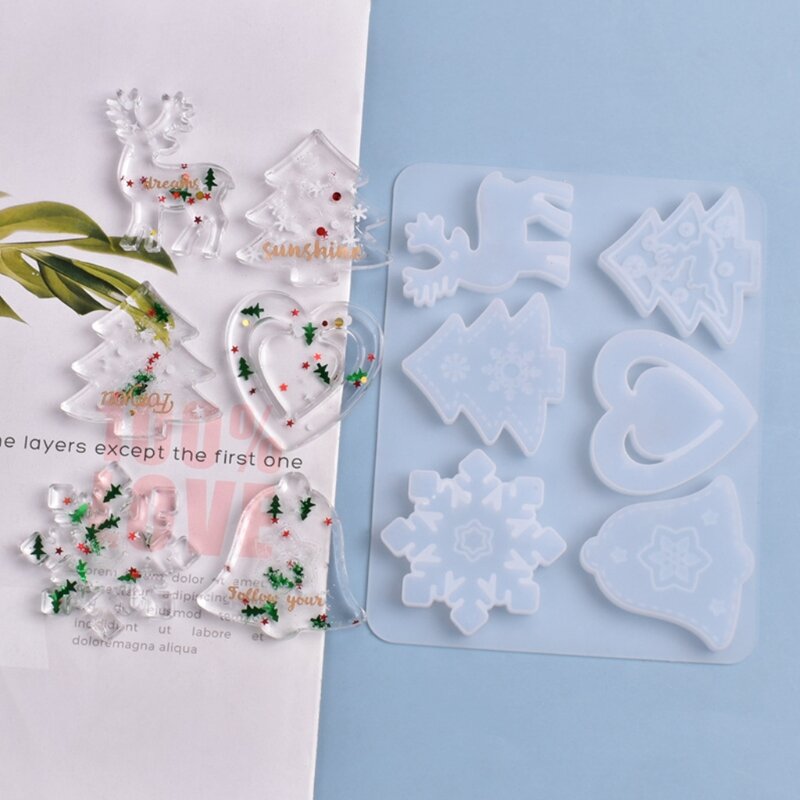 Christmas Pendant Epoxy Resin Mold Love Heart Bells Elk Xmas Tree Hanging Decorations Silicone Mould DIY Crafts Casting Tools