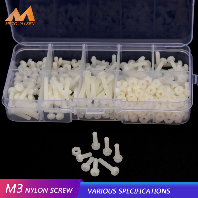 M3 Nylon wkręt phillips biały plastikowe śruby śruby nakrętki sześciokątne podkładki zestaw zestaw asortymentowy 320 sztuk/zestaw