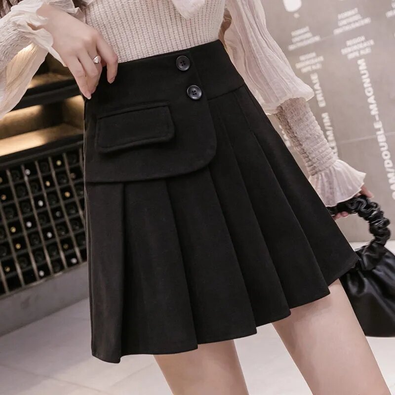 Tecido de lã do vintage mini saia feminina cintura alta saia plissada harajuku saias estilo coreano linha uma saia outono inverno
