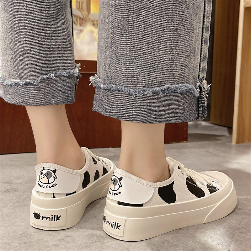 Women Sneakers Cow Print Low High Lace Up Flat Heel Girl Canvas Shoes Animal Character Students White Shoes Fashion 2021 autumn