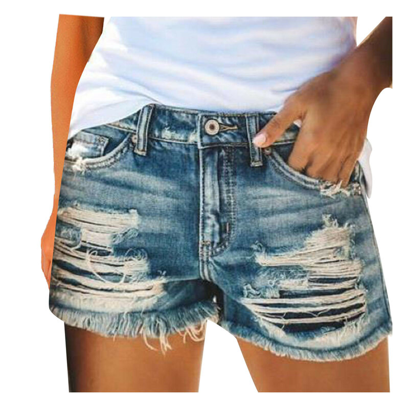 Calça jeans feminina cintura baixa, rasgada, casual com botões, bolso, calça curta de poliéster