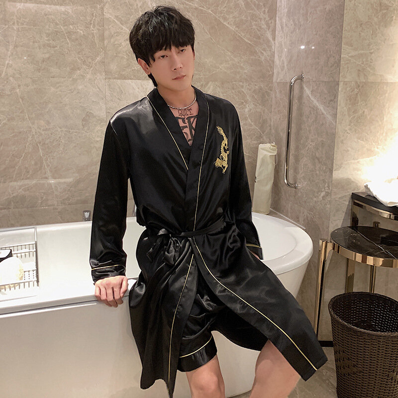 Cardigan Robe สำหรับชาย Loungewear แขนยาวชุดนอนชายชุดนอน Kimono ซาตินผ้าไหมคู่ชุดนอน Homewear เซ็กซี่เสื้อคลุมอาบน้...