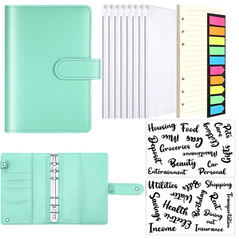 A6 PU Notebook Binder Budget Planning Notepad 6-Ring Binder Cover, Loose-Leaf Paper and Neon Page Maker Saving