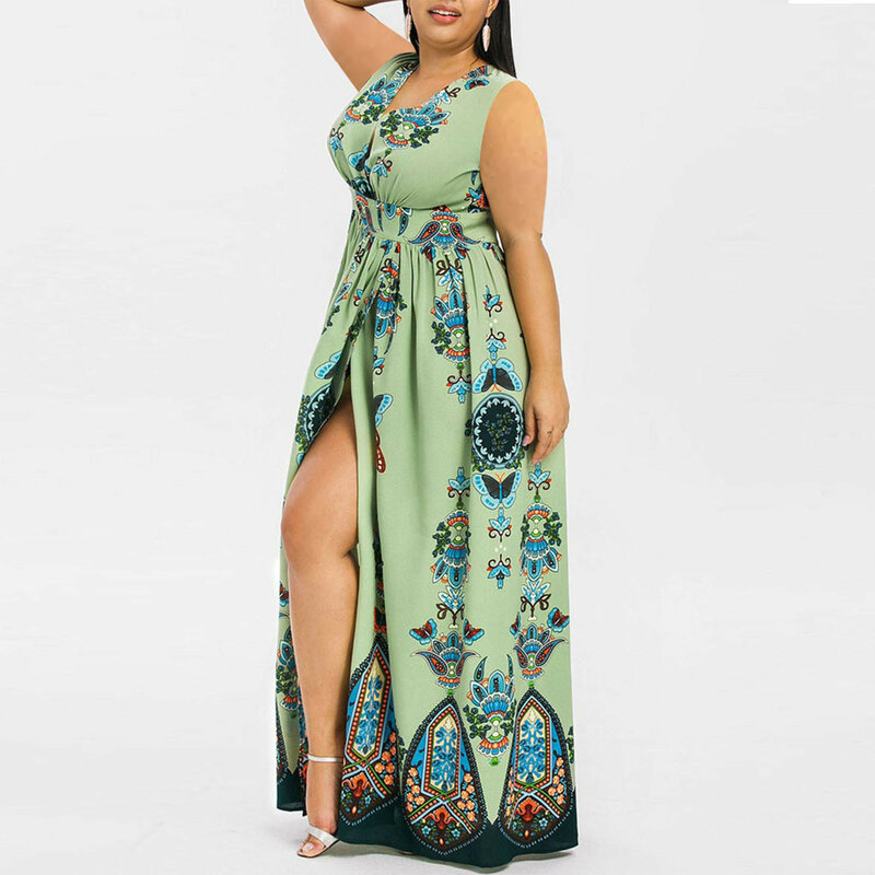 플러스 사이즈 패션 여성 맥시 드레스 나비 프린트 v 넥 민소매 캐주얼 롱 드레스 새로운 대형 캐주얼 비치 드레스