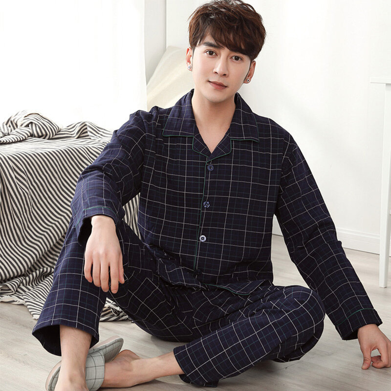 Pyjama à carreaux bleus pour homme, vêtements d'hiver 100% coton, tenue de nuit chaude pour la maison, PJ Pure