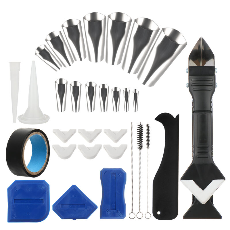 31 pz/set Kit di utensili per calafataggio in acciaio inossidabile blu sigillante siliconico finitura ugello per calafataggio applicatore raschietto per malta riutilizzabile