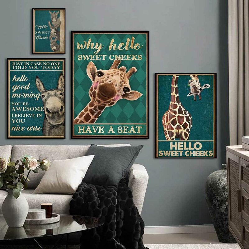 Retro arte animal pintura da lona engraçado girafa alpaca cartaz slogan pintura parede sala de estar quarto decoração casa mural