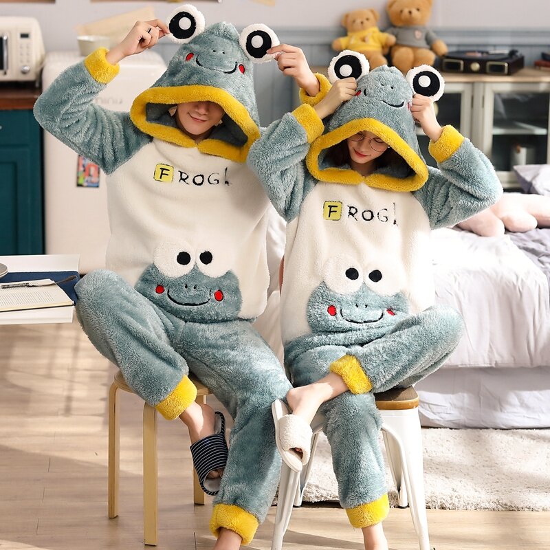 Pajamas Adult Flannel Sleepwear Thicken Warm Couple Pajama Sets Long Sleeve Pyjamas Cartoon Cute Homewear Female Winter Homesuit