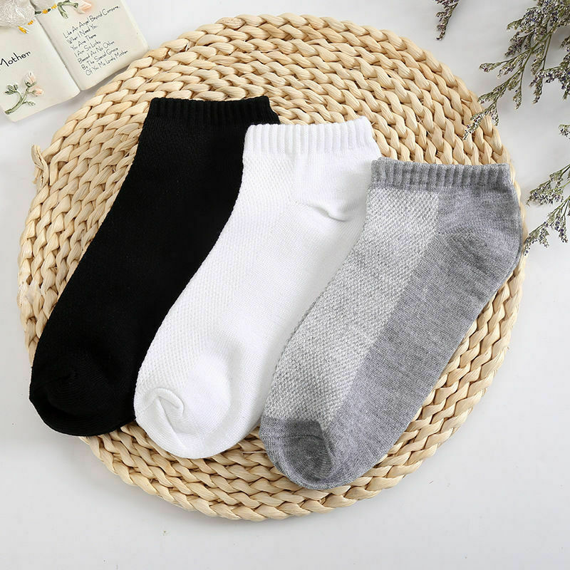 Meias esportivas respiráveis masculinas, meias de cor sólida para barco, meias confortáveis de algodão no tornozelo, preto e branco, pares