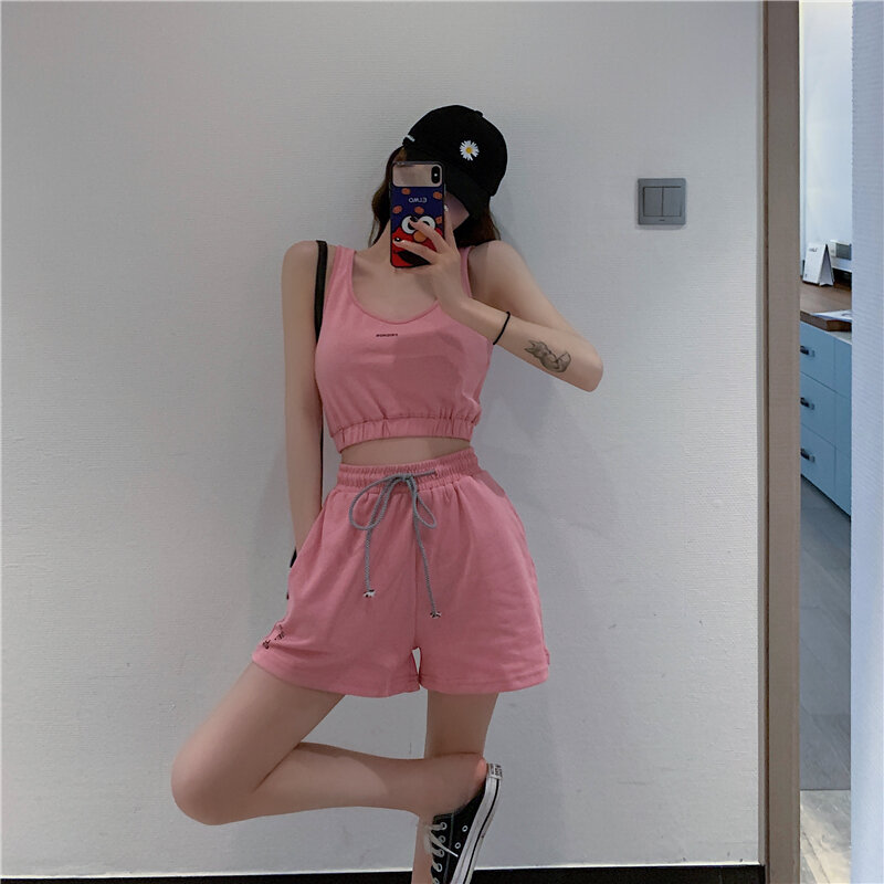 2021 verão movimento de moda feminina roupas de duas peças sem mangas casual curto cami tank top e solto shorts conjunto