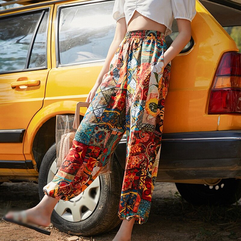 여성 세련된 바지 보헤미안 스타일 넓은 다리 바지 여름 바지 스트리트웨어 여름 패션 느슨한 캐주얼 바지