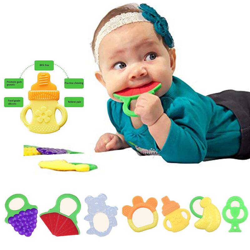 Teether Silicone Toddlers Infants Baby Teething Toys Soft Silicone Fruit Teether Holder Baby chews fruit silicone molar stick