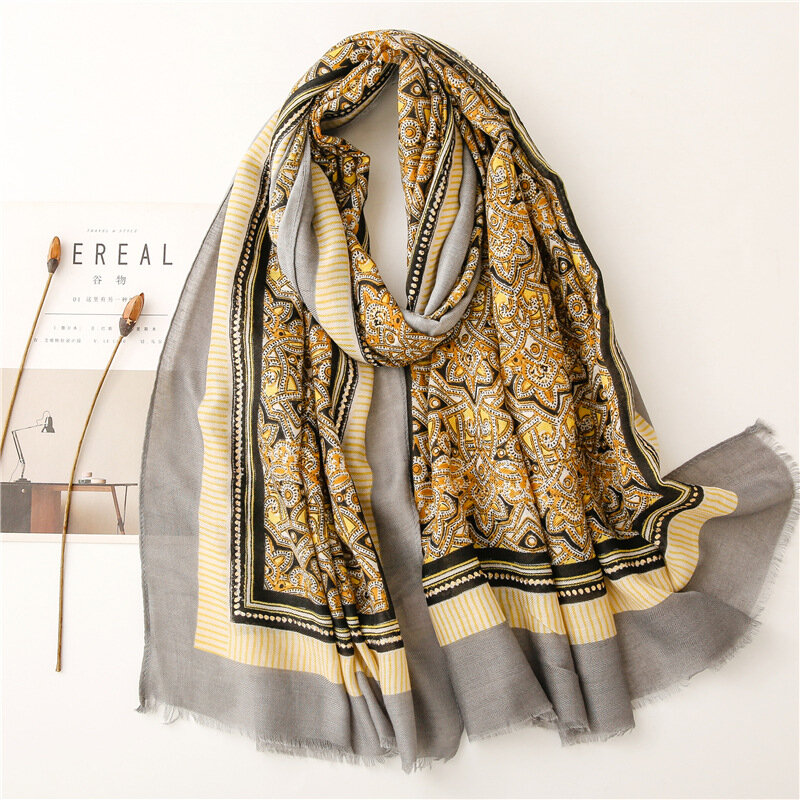 Bufanda de lino y algodón con borlas de diseño para mujer, chal de viaje con estampado de espiga, estampado a cuadros bronceados, color dorado