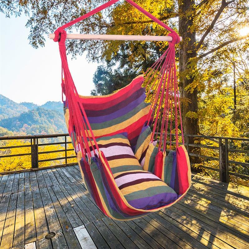 Stripe Pattern Distinctive Cotton Canvas Hanging Rope Chair with Pillows 250lb Weight Capacity