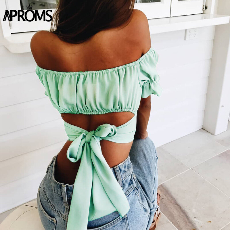 Aproms Sexy Backless Bow Tie Cropped Blouse Women Summer Ruffle Off Shoulder Shirt Streetwear Yellow Top for Women Clothing 2021