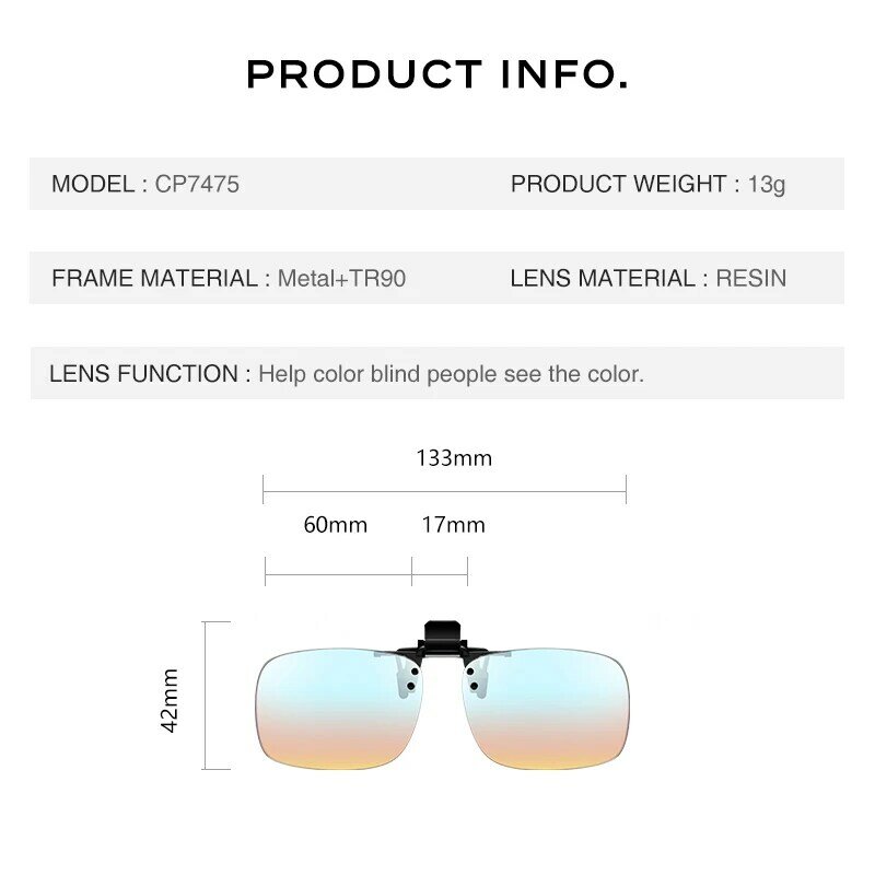 CAPONI – Clip de lunettes de soleil pour homme et femme, correction de la couleur de l'aveugle, rouge, vert, pour le conducteur, CP7475