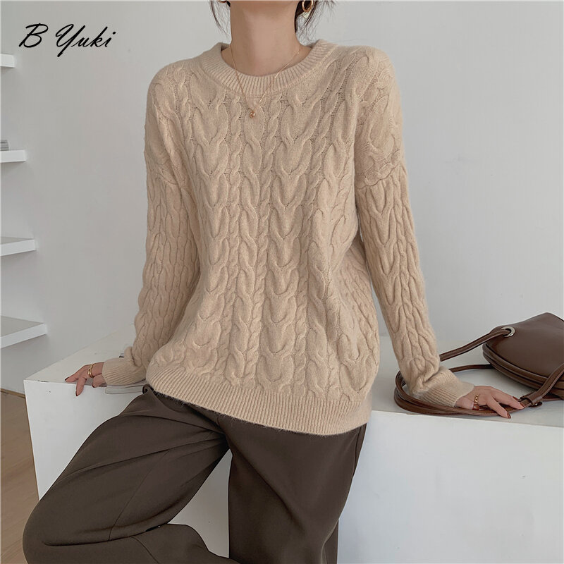 Blesyuki-suéteres de punto con giro para mujer, suéteres de gran tamaño, sólido, informal, grueso, con cuello redondo, suave, Coreano