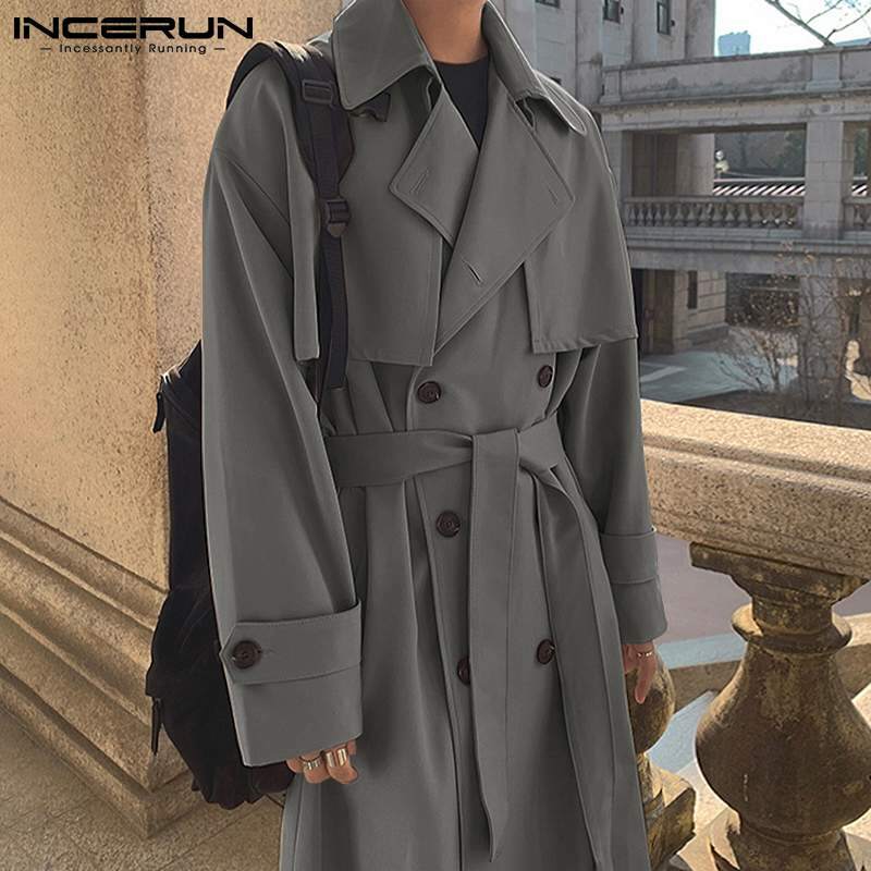 INCERUN – manteau Long à revers pour homme, couleur unie, Trench bien ajusté, confortable, élégant, au dessus du genou, pardessus, S-5XL, 2021