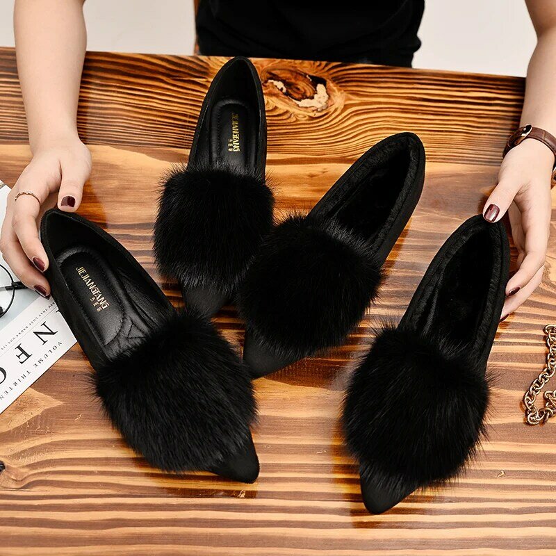 famous brand mink fur shoes woman pointed toe flats 2018 autumn winter fur mocasines ladies ballet flats flock mules shoes