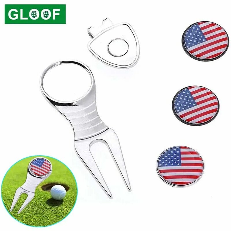 Golf USA Flag เครื่องมือ Divot กับ3เครื่องหมายลูกกอล์ฟและหมวก Clip,เครื่องหมายแม่เหล็กที่ถอดออกได้