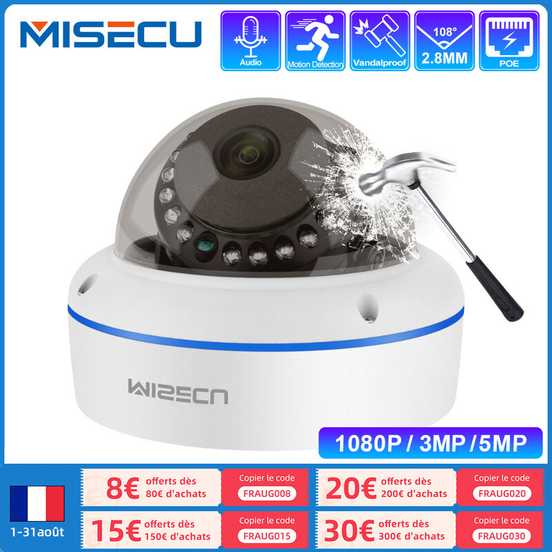 MISECU – caméra de Surveillance dôme intérieure IP POE HD 5MP/3MP/1080P, H.265, avec Microphone, système de sécurité domestique, Push mail P2P