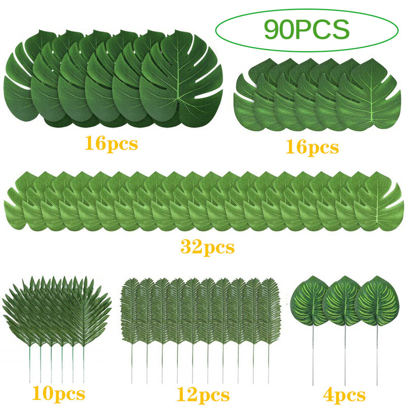 90 pezzi 6 tipi di foglie di palma artificiali decorazioni di foglie tropicali per decorazioni per feste nella giungla compleanno in spiaggia Luau Hawaiian