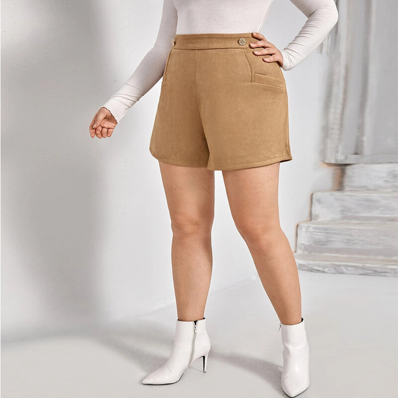 Short d'été kaki taille haute pour femme, Bermuda en coton, taille grande 4XL, avec bouton ajustable, Harajuku, jambes larges, nouvelle collection 2021
