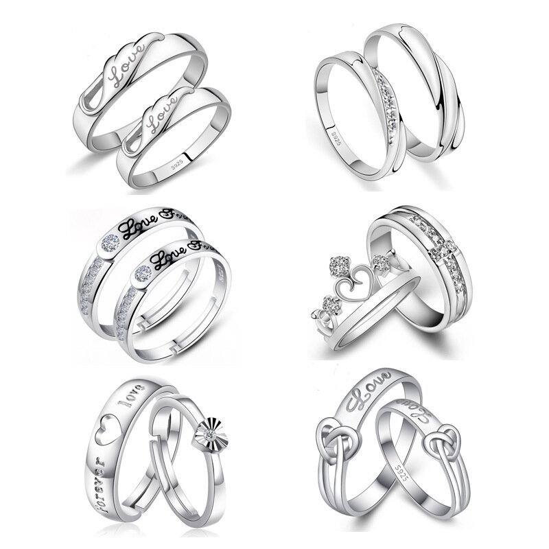 Par de anillos de cristal con forma de corona para hombre y mujer, sortija ajustable de compromiso para boda, plata, S925, 1 par