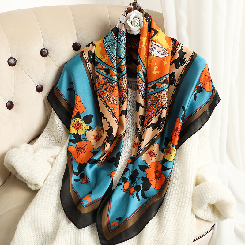 Bufanda cuadrada de seda satinada para mujer, Bandana Hijab, banda para el pelo, chales de moda, Bandana, pañuelo, Foulard de 90x90cm